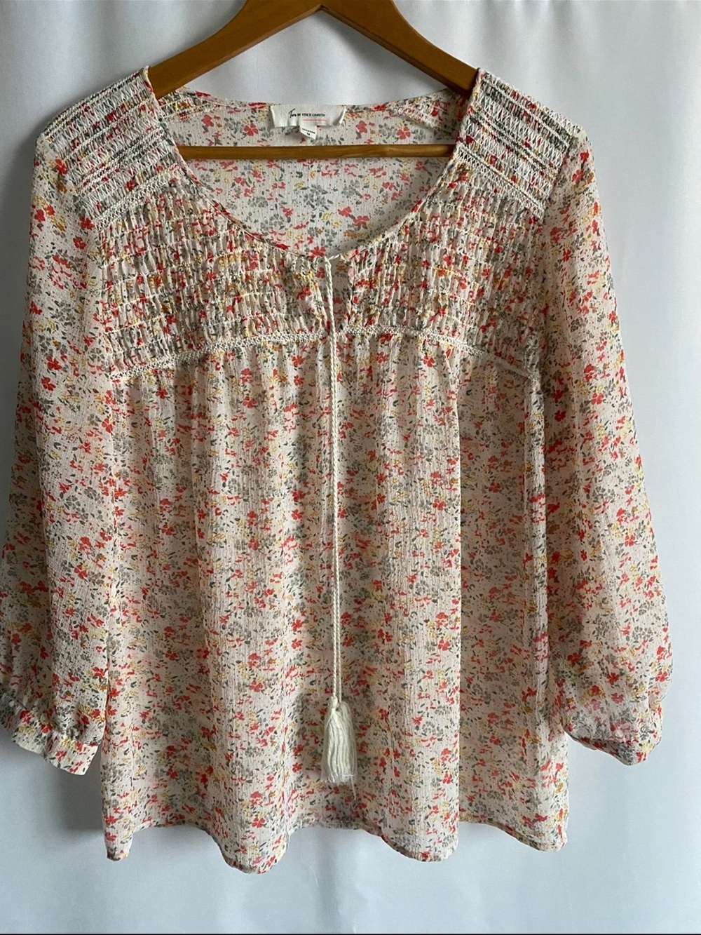 ALN Vince Camuto Floral Smocked Tassel Tie Boho Blouse